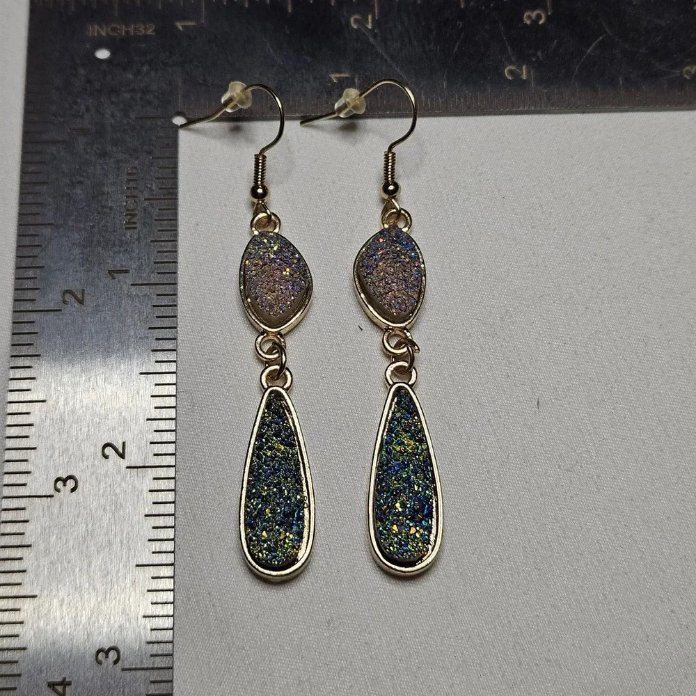 Faux Druzy Drop Earrings Womens OS Blue Green Gold Tone Iridescent Boho